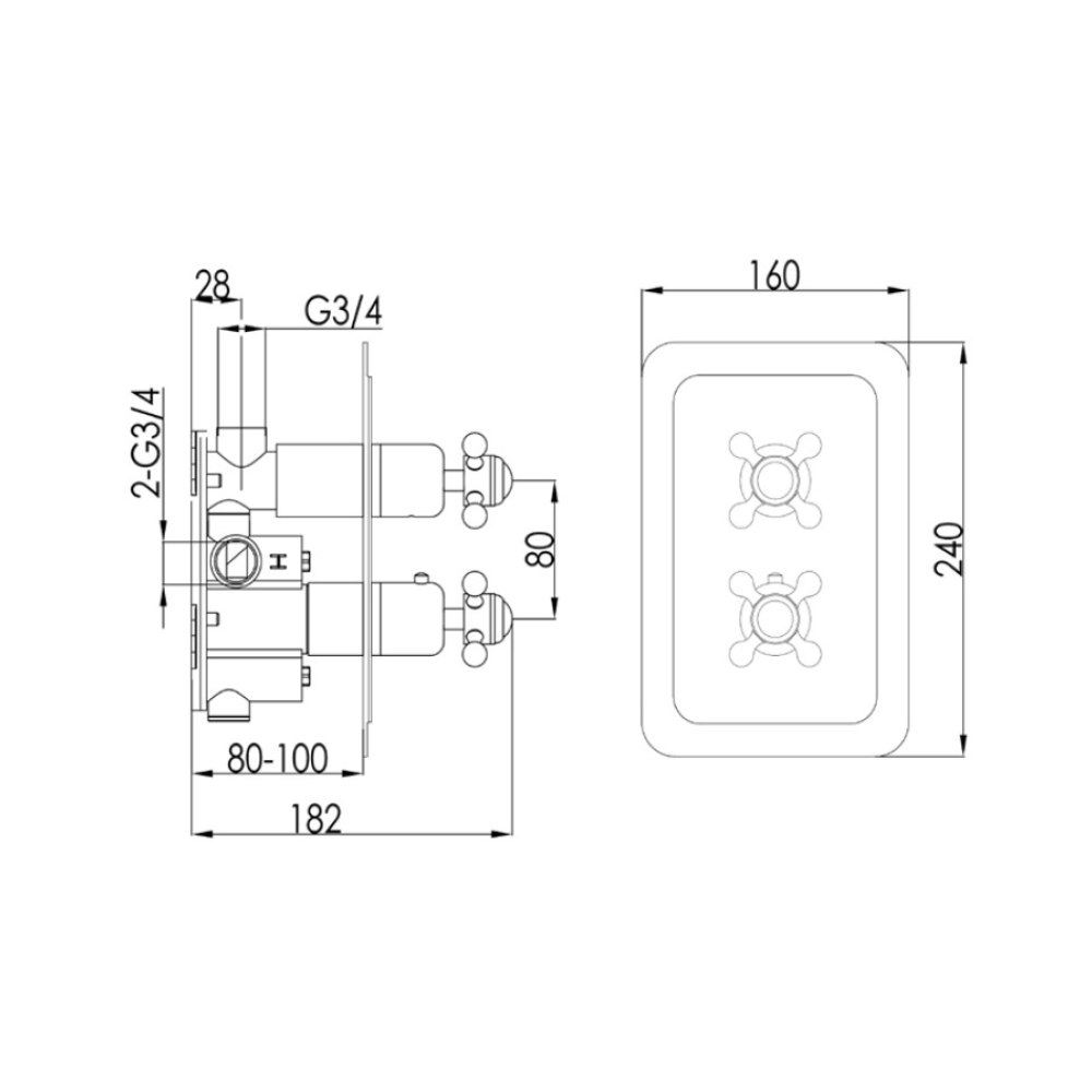 JTP Grosvenor Cross 1 Outlet 2 Handle Thermostatic Shower Valve In Chrome