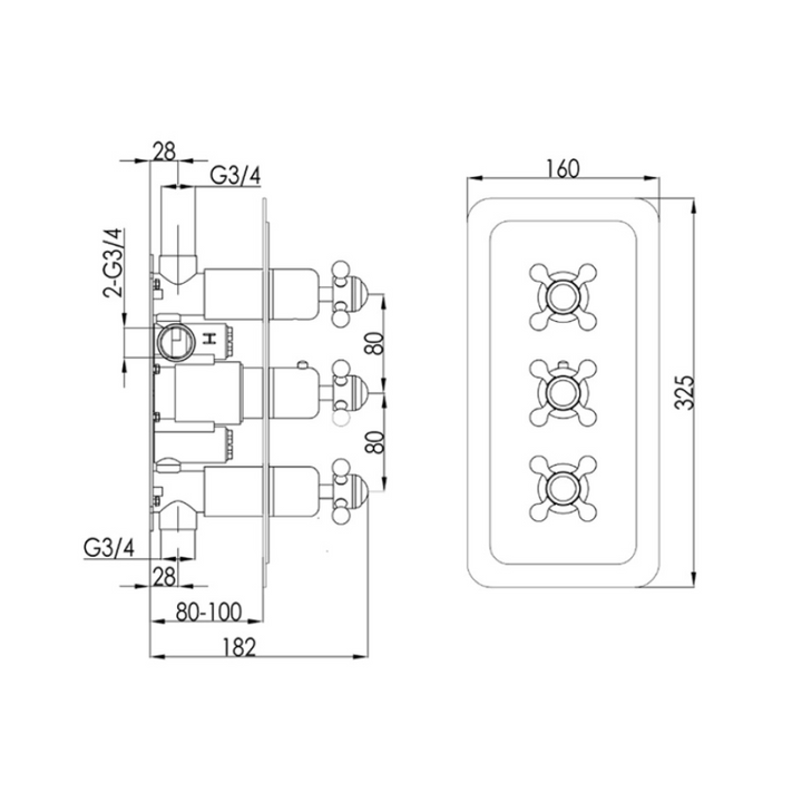 JTP Grosvenor Cross 3 Outlet 3 Handle Thermostatic Shower Valve In Chrome