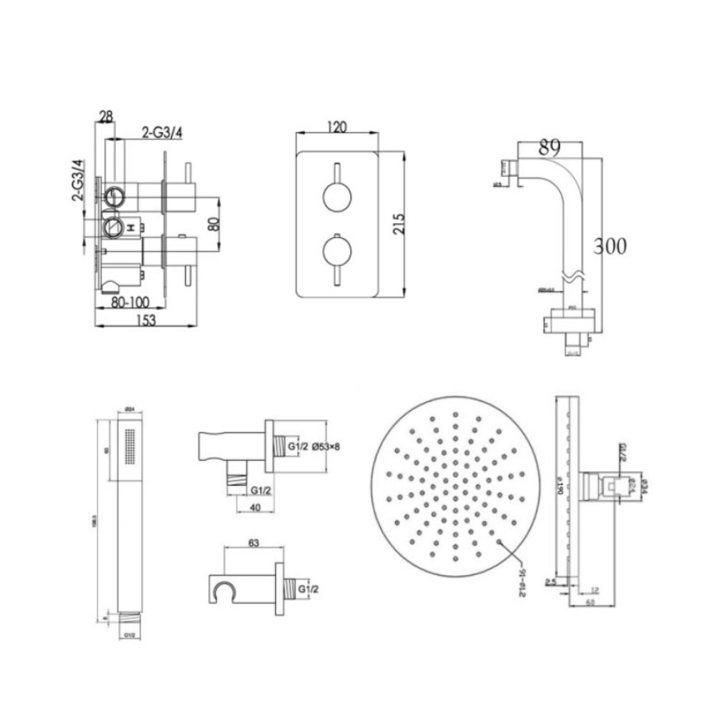 JTP Florence Thermostatic Concealed Shower Valve With Head, Arm & Handset In Chrome