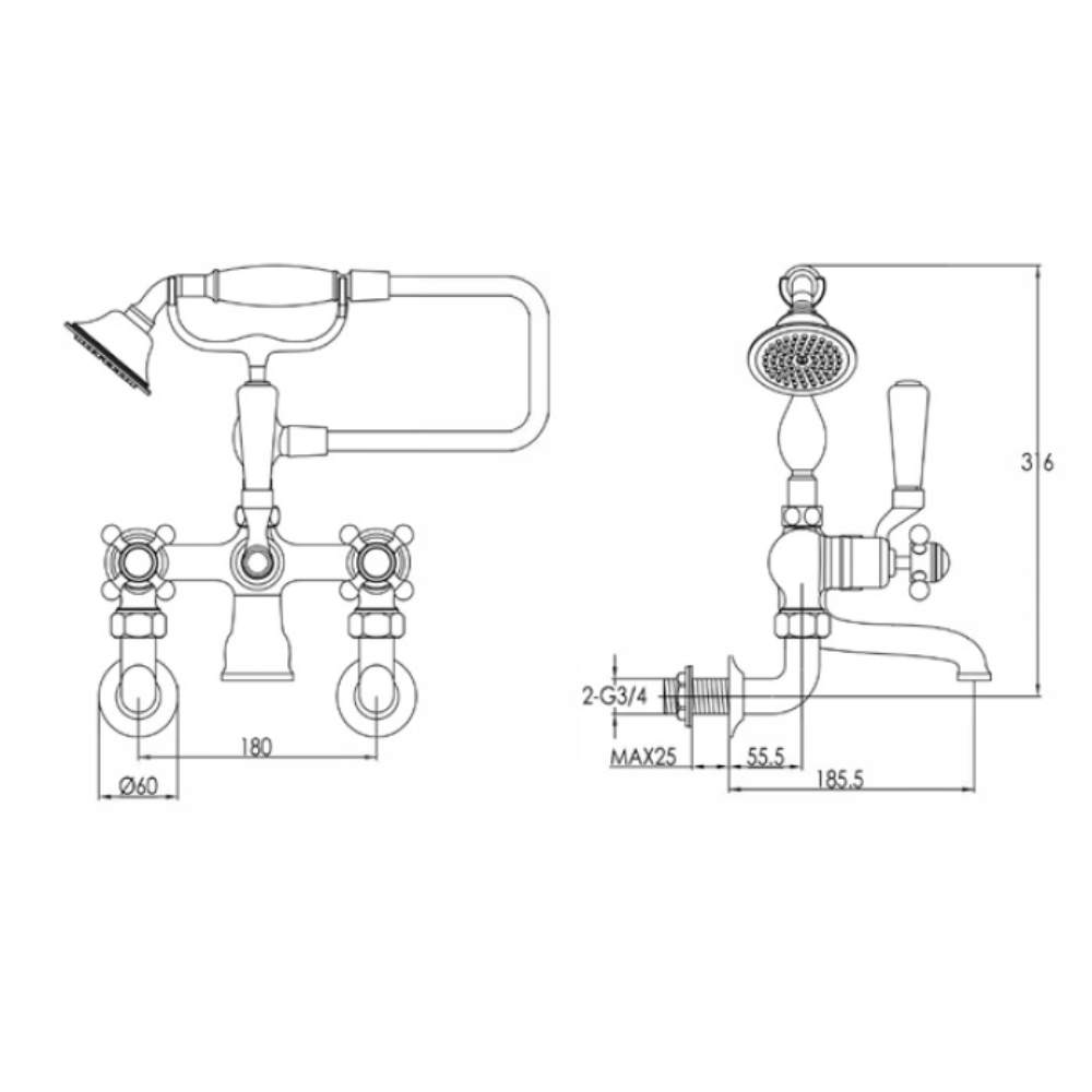 JTP Grosvenor Cross Wall Mounted Bath Shower Mixer