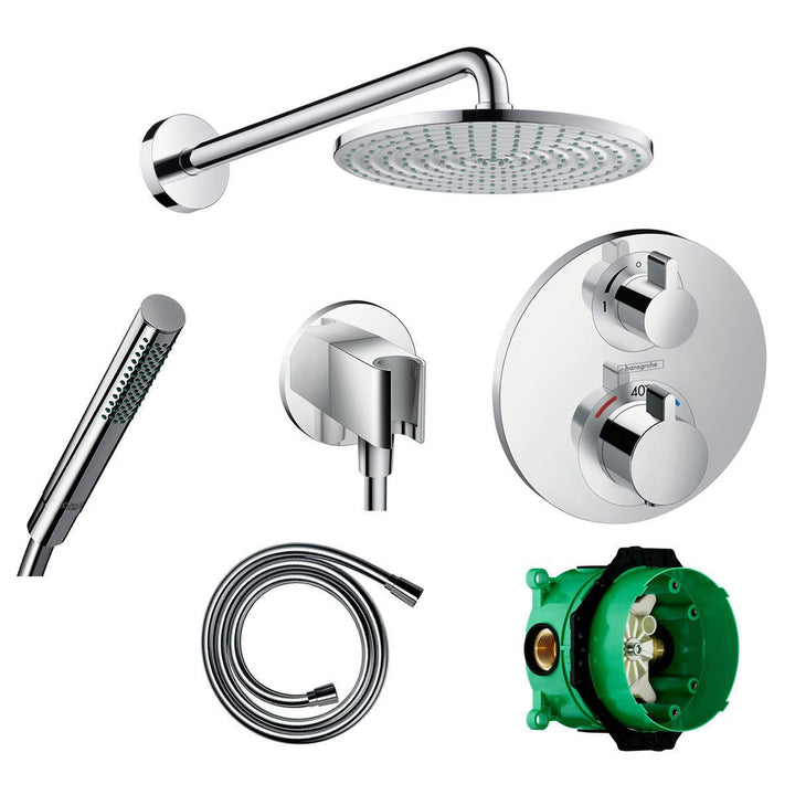 Hansgrohe Round Ecostat Valve with Raindance 240 Overhead Shower and Baton Hand Shower