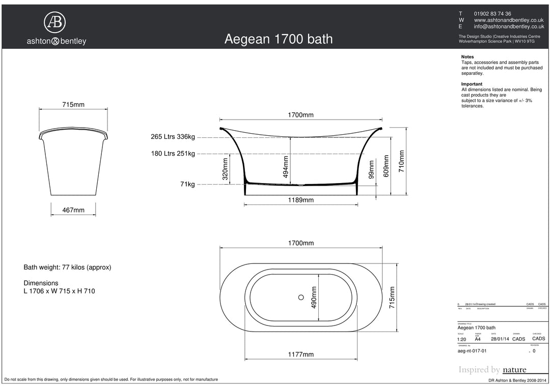 Ashton & Bentley Aegean 1700mm Freestanding Bath