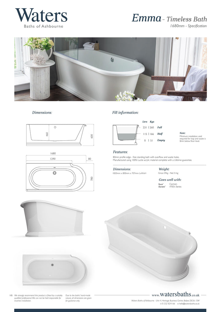 Waters Emma 1680mm Single Ended Shower Bath