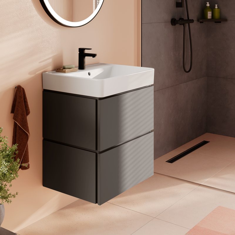 Hansgrohe Xilesa E 600mmn Slate Matt Grey Two Drawer Vanity Unit with Basin