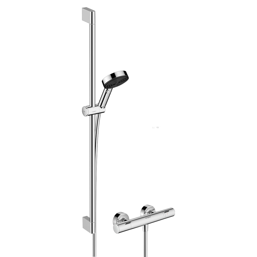hansgrohe Pulsify Select S EcoSmart with Ecostat Fine Thermostatic Shower System with 90cm Shower Slider Rail Kit in Chrome