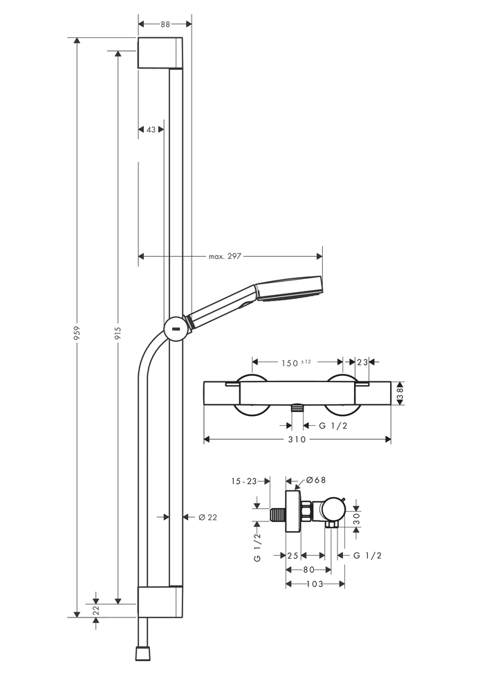 hansgrohe Pulsify Select S EcoSmart with Ecostat Fine Thermostatic Shower System with 90cm Shower Slider Rail Kit in Chrome