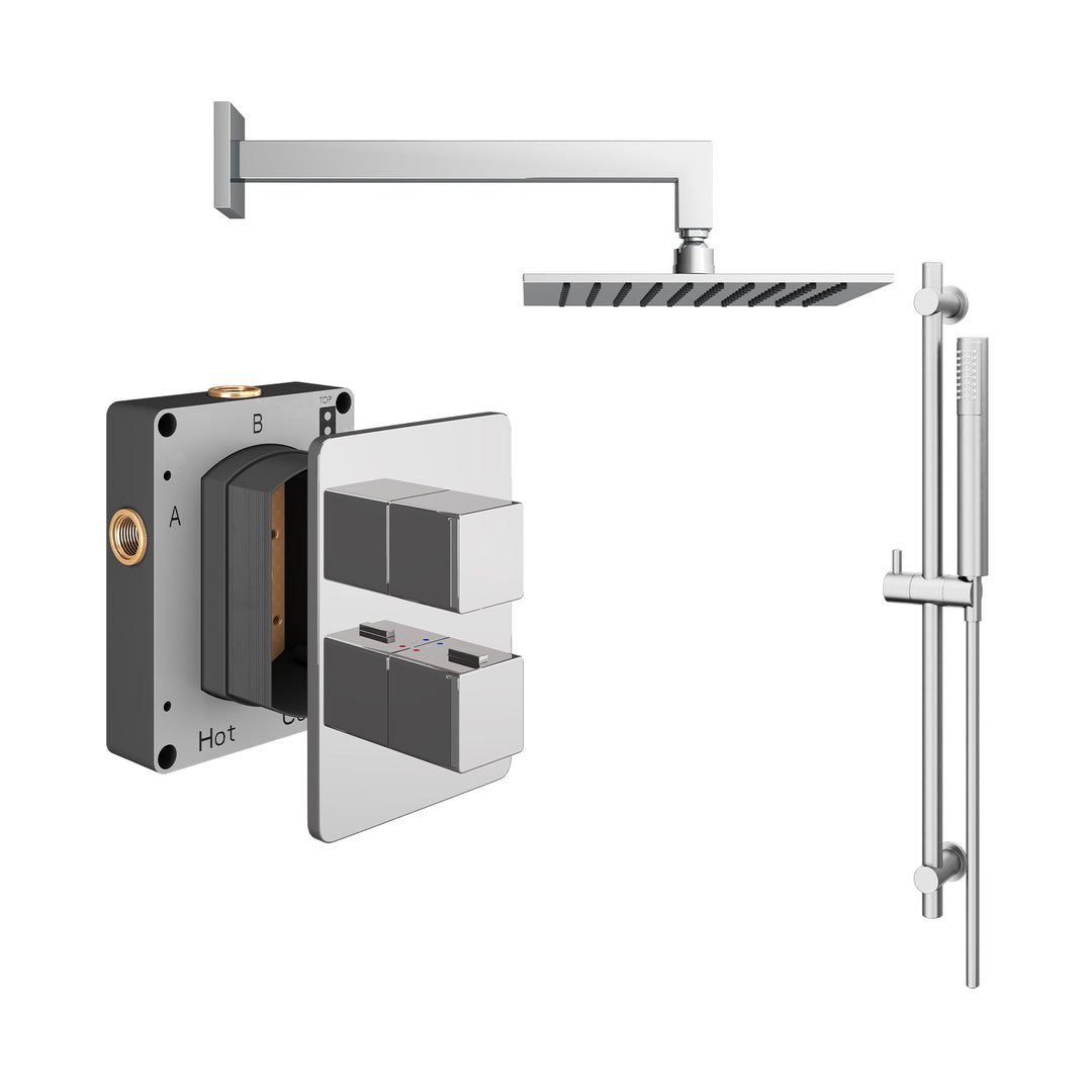 Abacus Shower Pack 2 Square Fixed Shower Head With Riser And Handset In Chrome