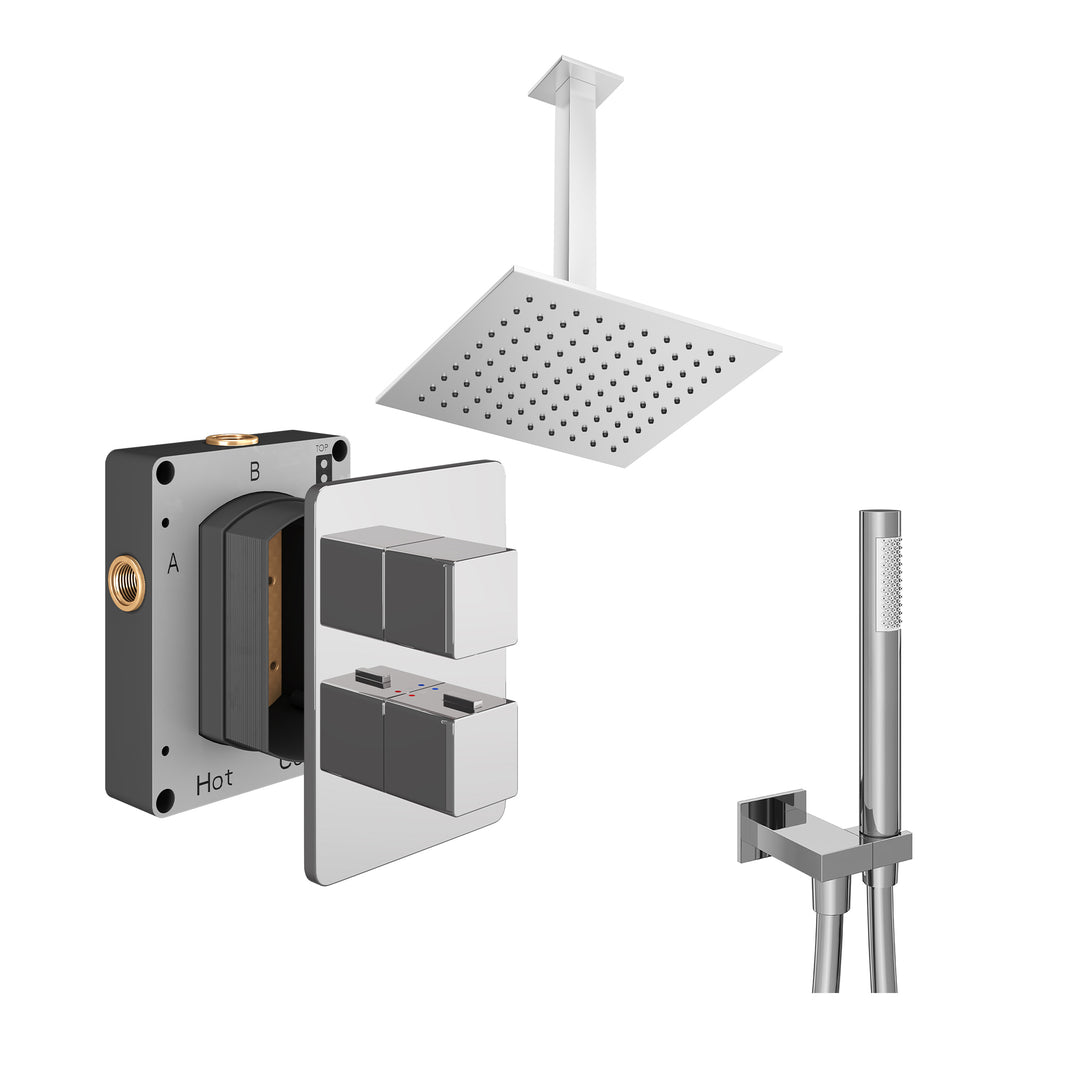 Abacus Shower Pack 4 Square Fixed Shower Head With Handset And Holder In Chrome