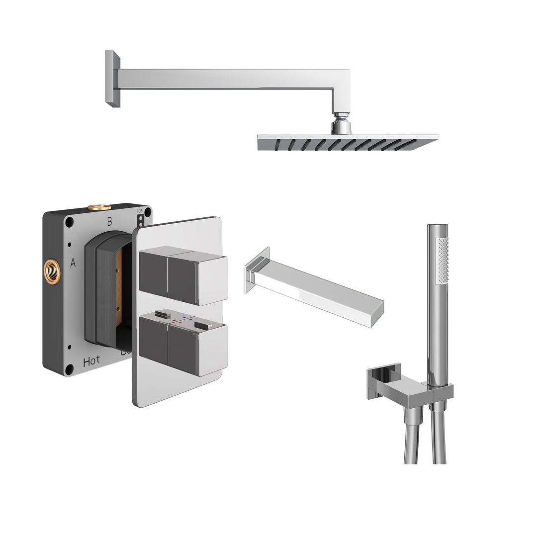 Abacus Shower Pack 5 Square Fixed Shower Head With Handset, Holder And Bath Spout In Chrome