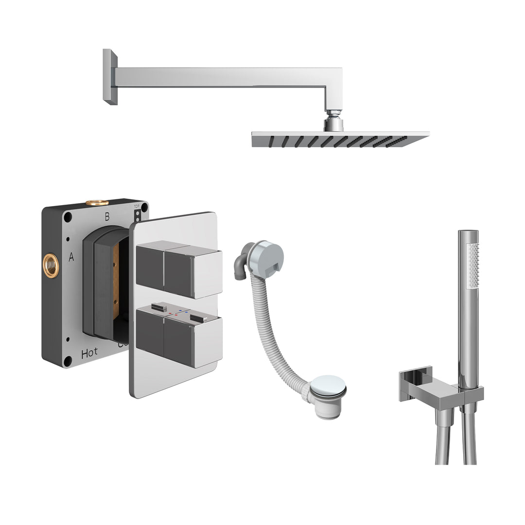 Abacus Shower Pack 6 Square Fixed Shower Head With Handset, Holder And Overflow Filler In Chrome