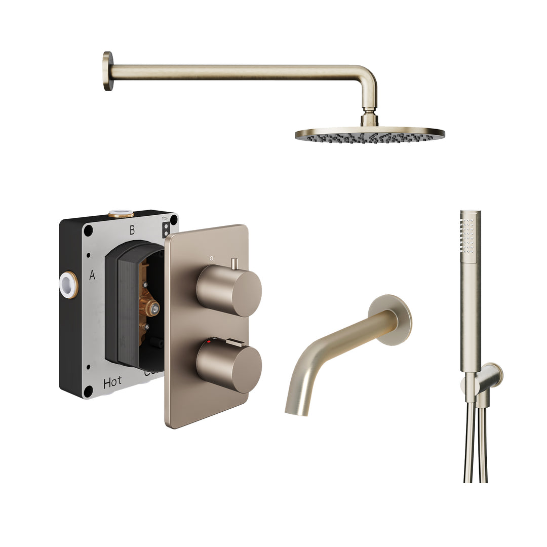 Abacus Shower Pack 5 Round Fixed Shower Head With Handset, Holder And Bath Spout In Brushed Nickel