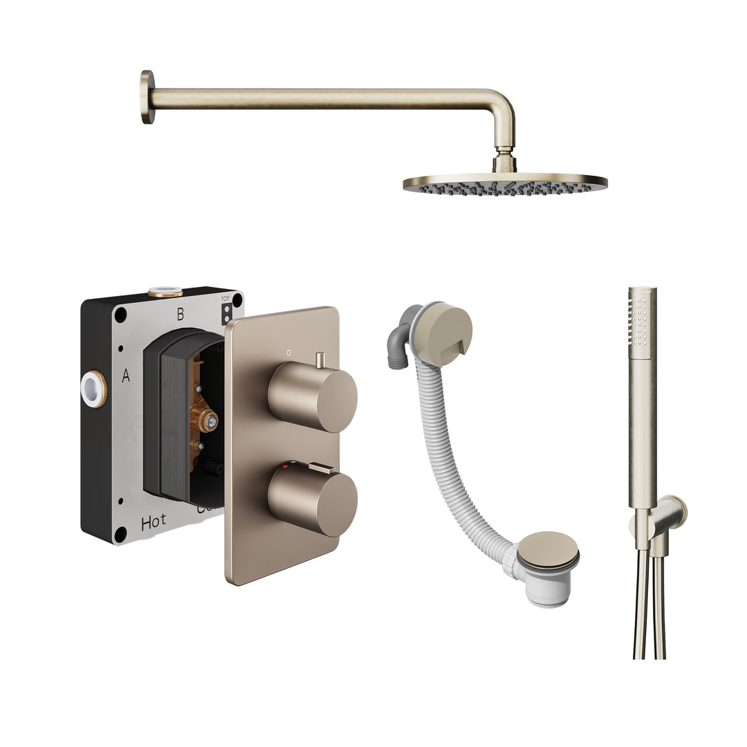 Abacus Shower Pack 6 Round Fixed Shower Head With Handset, Holder And Overflow Filler In Brushed Nickel