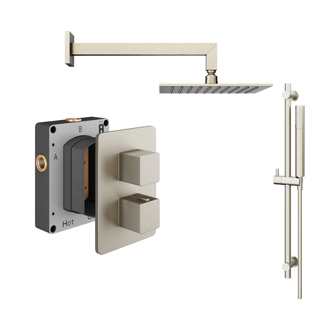 Abacus Shower Pack 2 Square Fixed Shower Head With Riser And Handset In Brushed Nickel