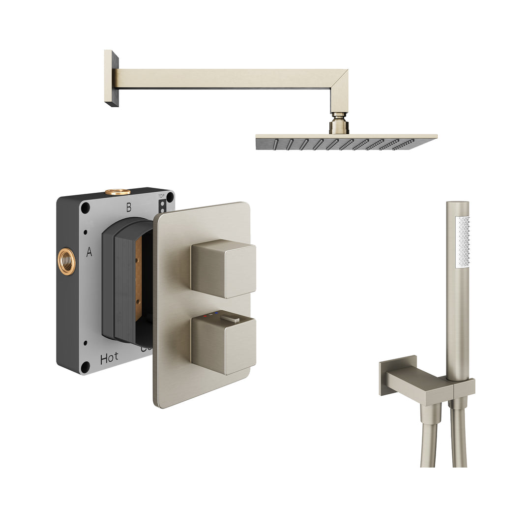 Abacus Shower Pack 3 Square Fixed Shower Head With Handset And Holder In Brushed Nickel