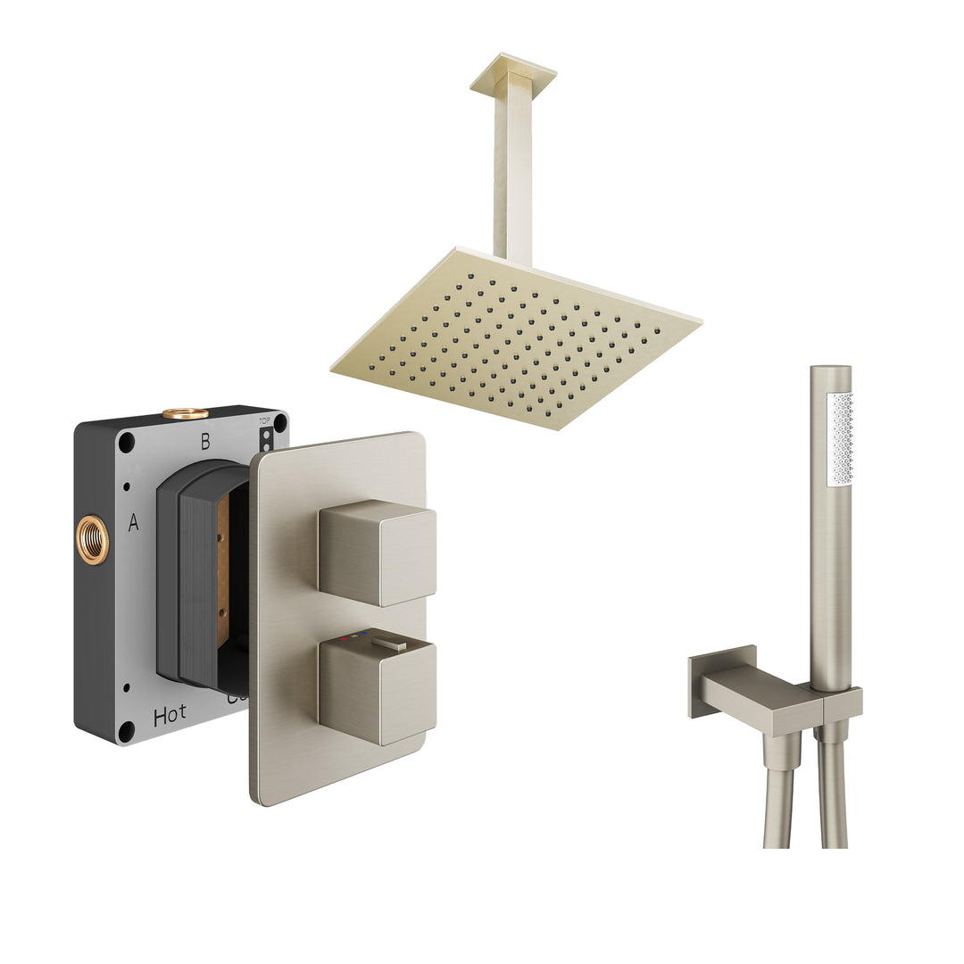 Abacus Shower Pack 4 Square Fixed Shower Head With Handset And Holder In Brushed Nickel