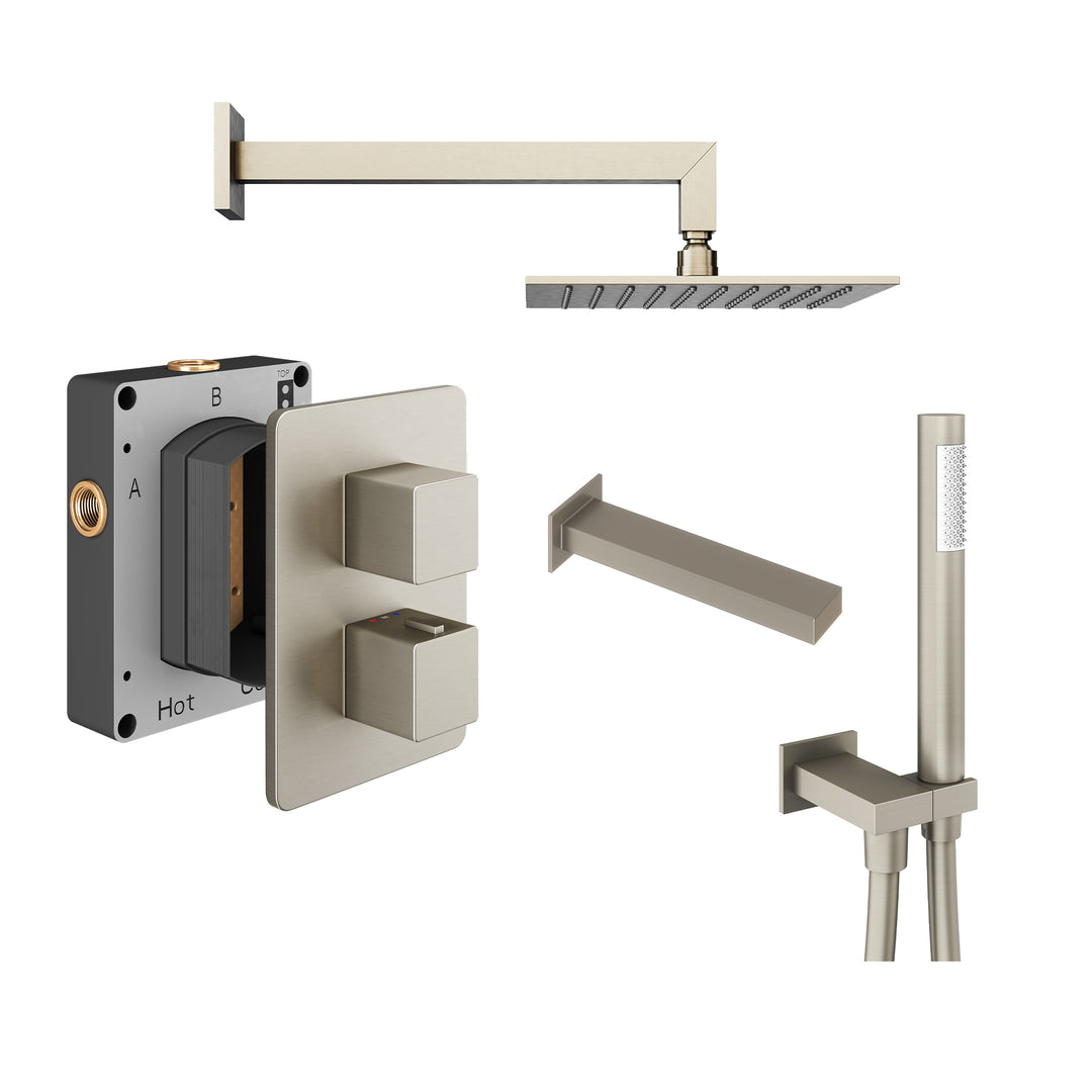 Abacus Shower Pack 5 Square Fixed Shower Head With Handset, Holder And Bath Spout In Brushed Nickel