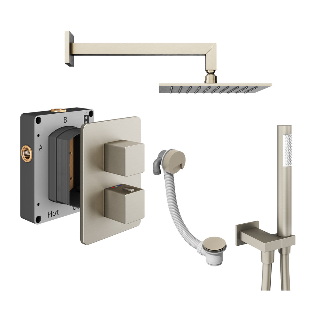 Abacus Shower Pack 6 Square Fixed Shower Head With Handset, Holder And Overflow Filler In Brushed Nickel