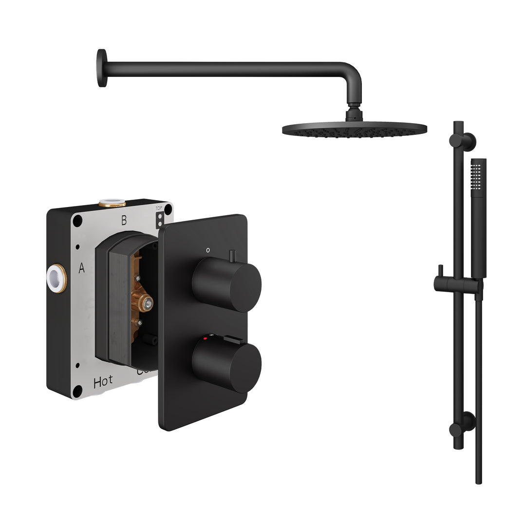 Abacus Shower Pack 2 Round Fixed Shower Head With Riser And Handset In Matt Black