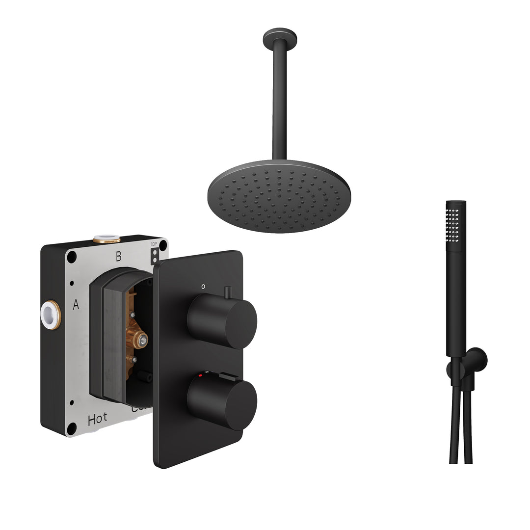 Abacus Shower Pack 4 Round Fixed Shower Head With Handset And Holder In Matt Black