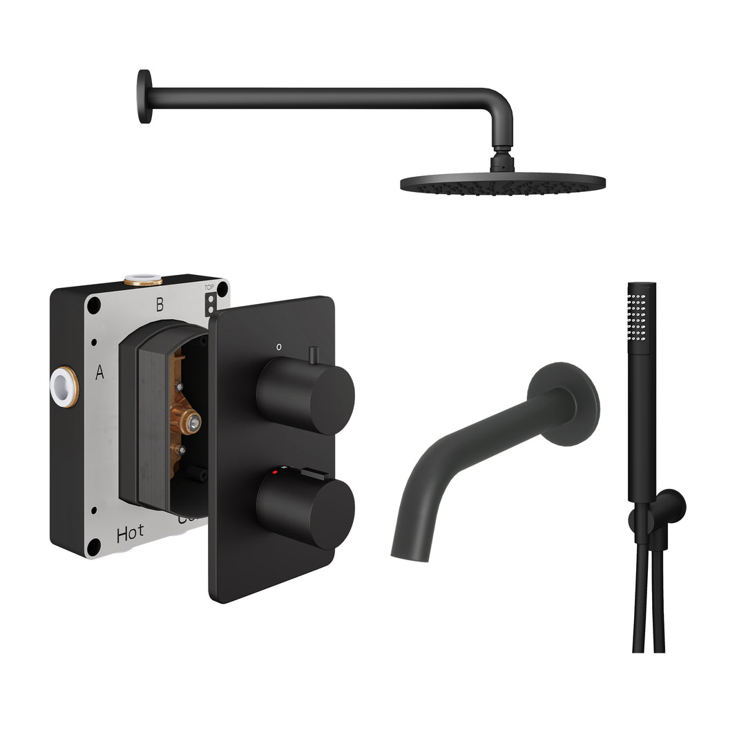 Abacus Shower Pack 5 Round Fixed Shower Head With Handset, Holder And Bath Spout In Matt Black