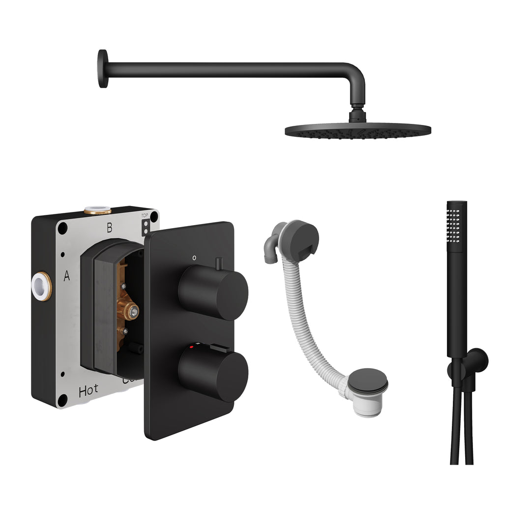 Abacus Shower Pack 6 Round Fixed Shower Head With Handset, Holder And Overflow Filler In Matt Black