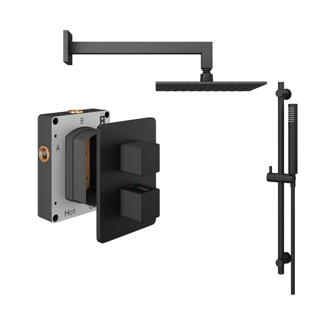 Abacus Shower Pack 2 Square Fixed Shower Head With Riser And Handset In Matt Black