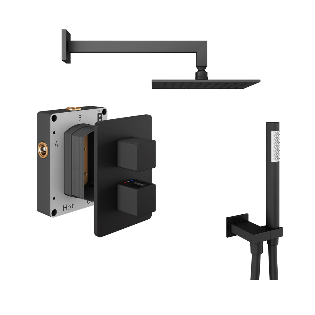 Abacus Shower Pack 3 Square Fixed Shower Head With Handset And Holder In Matt Black
