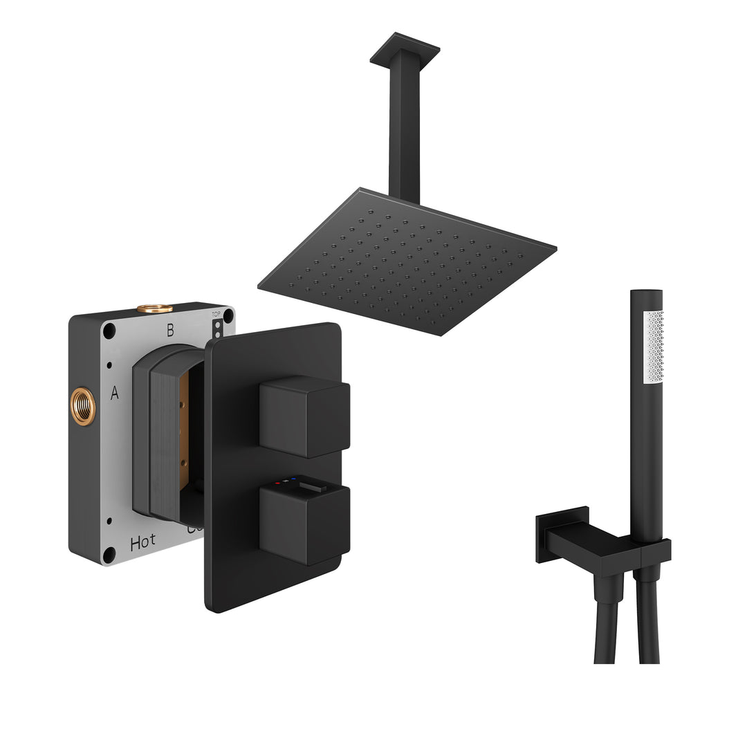 Abacus Shower Pack 4 Square Fixed Shower Head With Handset And Holder In Matt Black