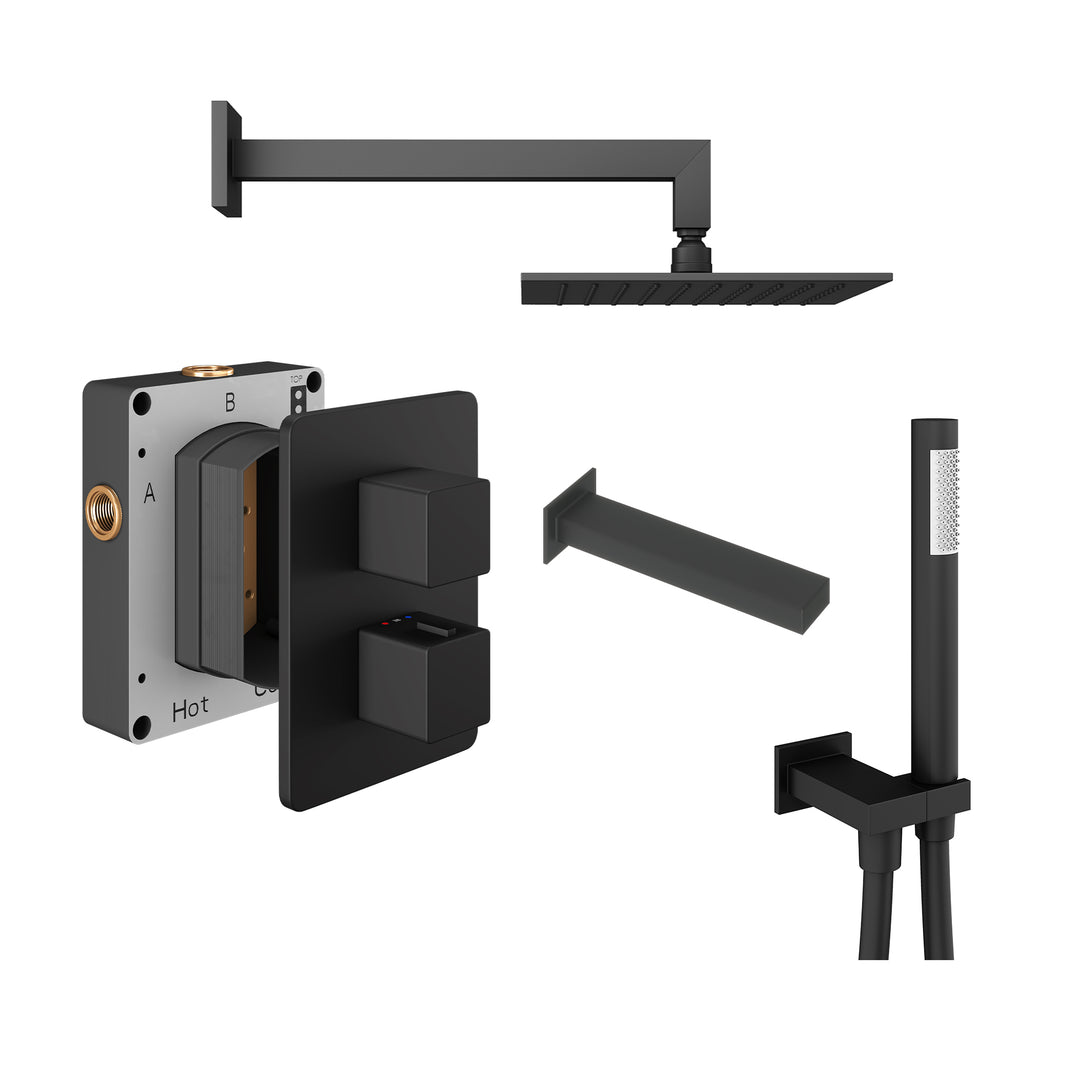 Abacus Shower Pack 5 Square Fixed Shower Head With Handset, Holder And Bath Spout In Matt Black