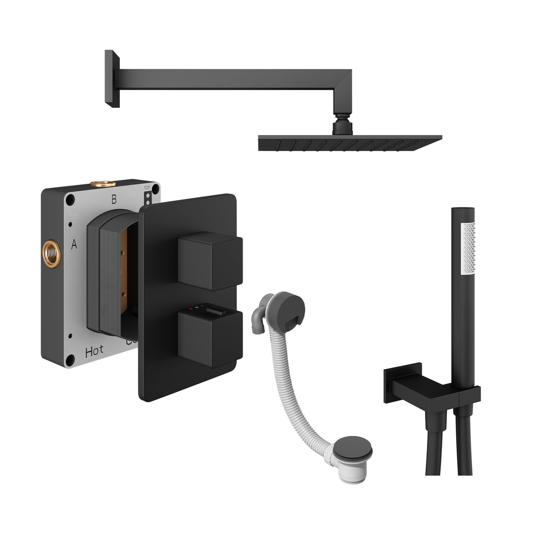 Abacus Shower Pack 6 Square Fixed Shower Head With Handset, Holder And Overflow Filler In Matt Black