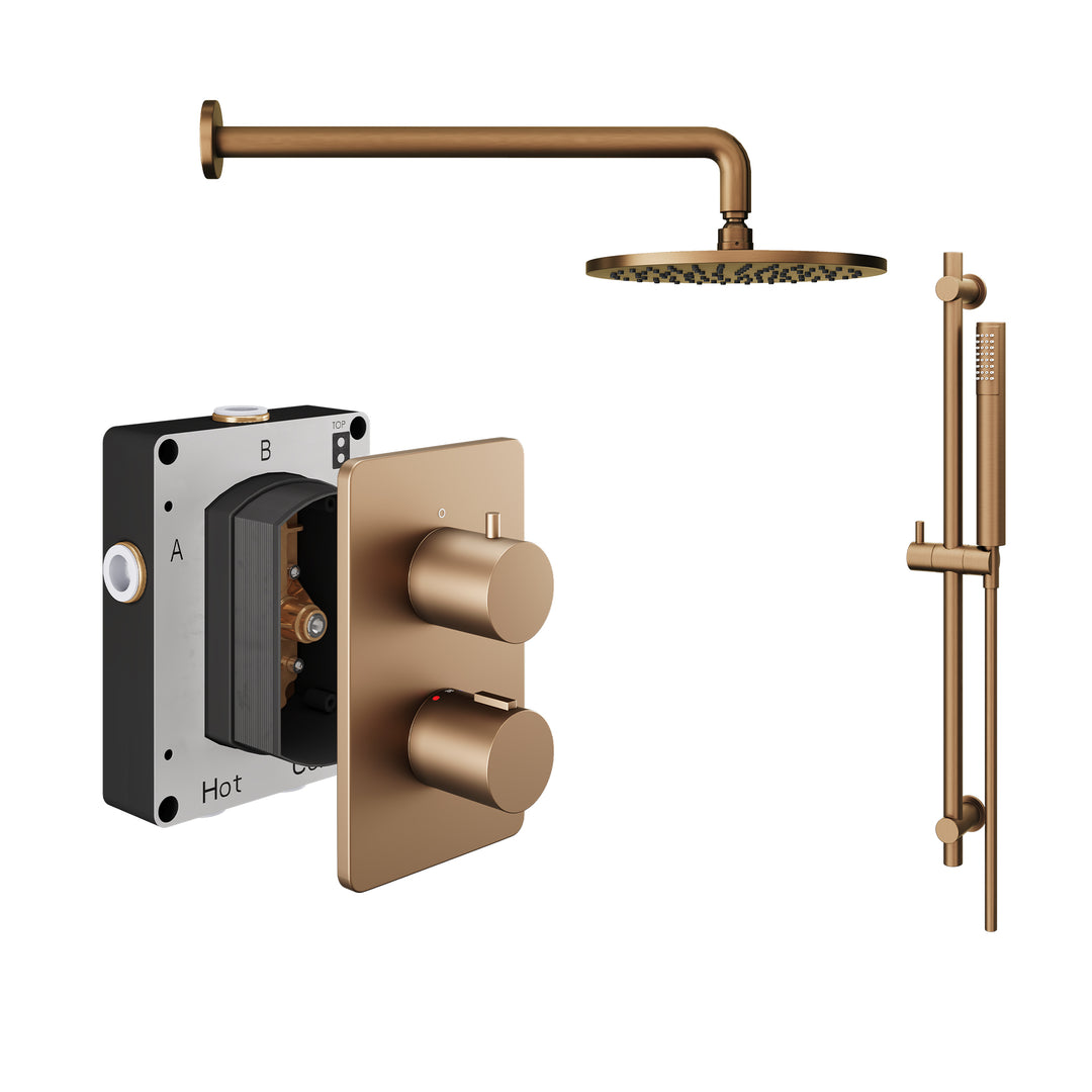 Abacus Shower Pack 2 Round Fixed Shower Head With Riser And Handset In Brushed Bronze