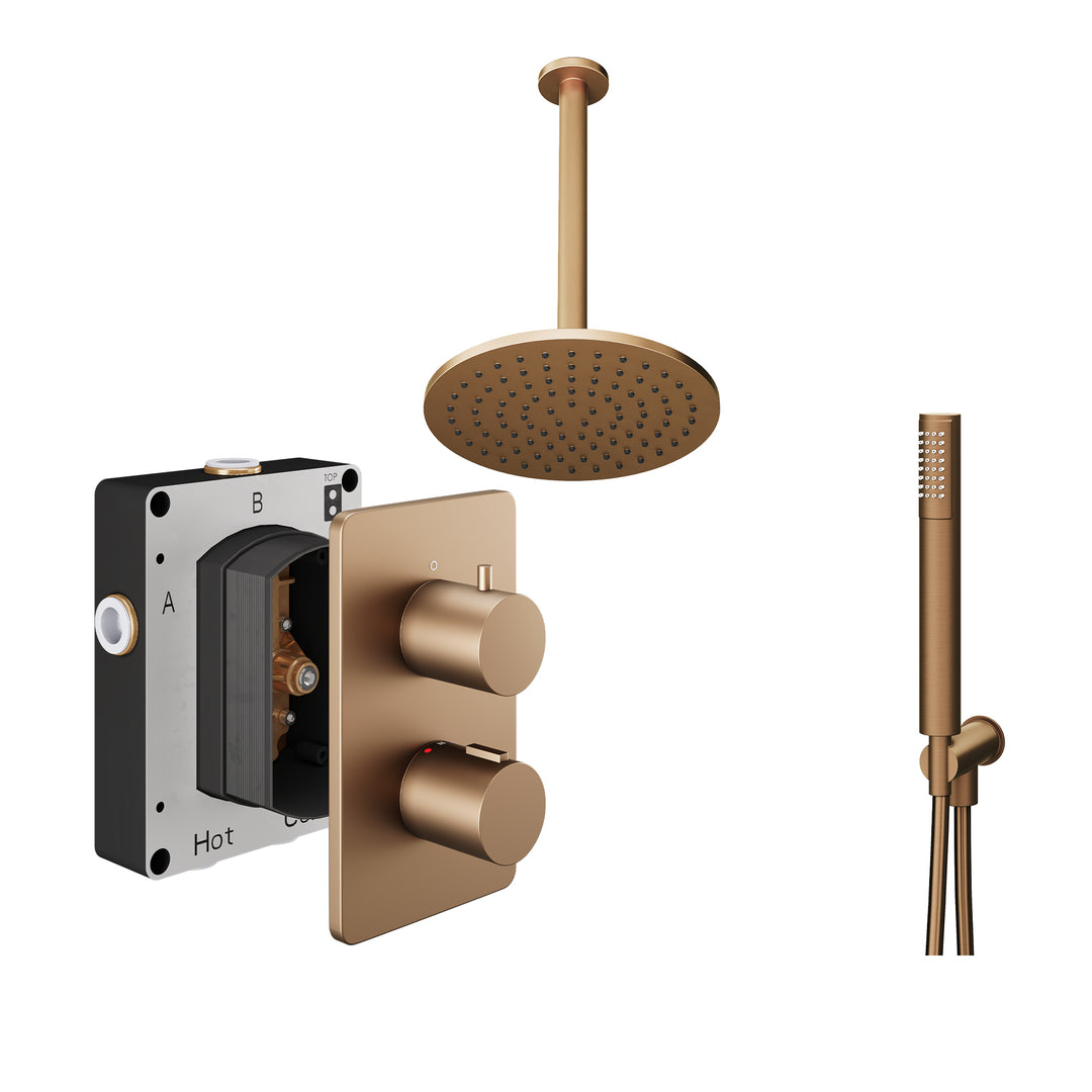 Abacus Shower Pack 4 Round Fixed Shower Head With Handset And Holder In Brushed Bronze