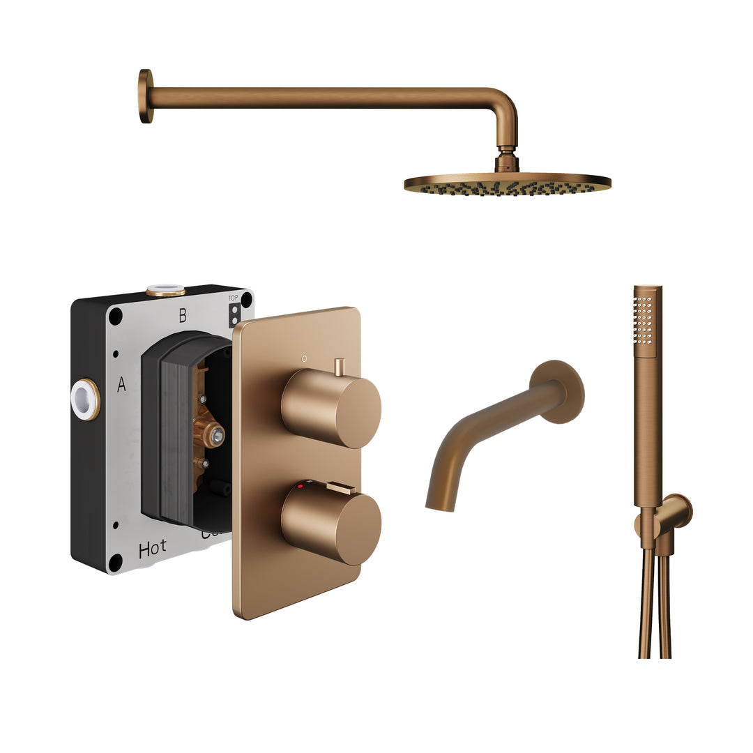 Abacus Shower Pack 5 Round Fixed Shower Head With Handset, Holder And Bath Spout In Brushed Bronze