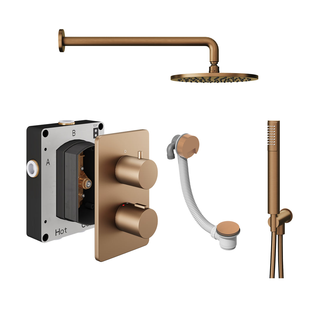 Abacus Shower Pack 6 Round Fixed Shower Head With Handset, Holder And Overflow Filler In Brushed Bronze
