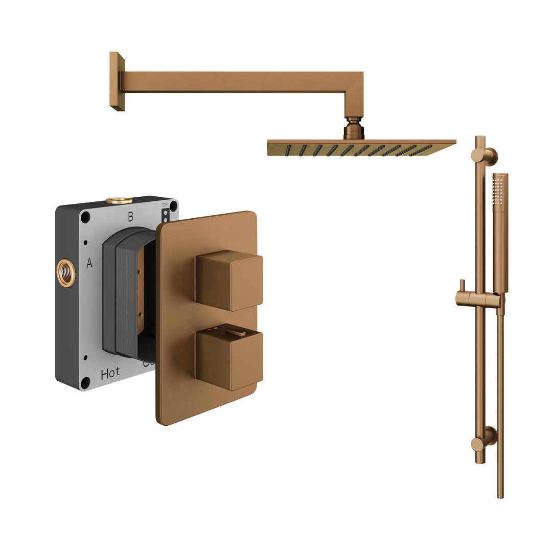 Abacus Shower Pack 2 Square Fixed Shower Head With Riser And Handset In Brushed Bronze