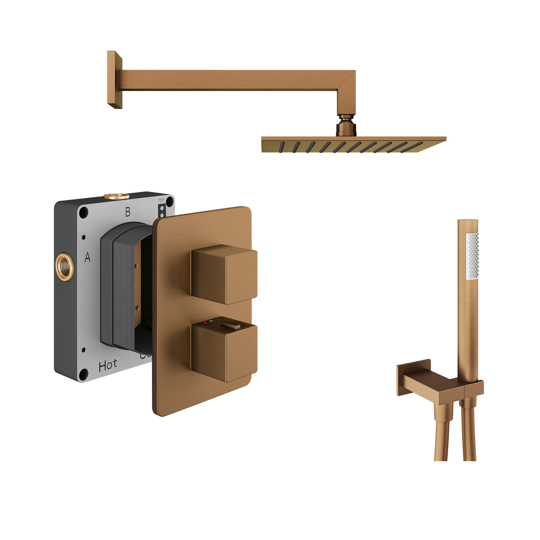 Abacus Shower Pack 3 Square Fixed Shower Head With Handset And Holder In Brushed Bronze