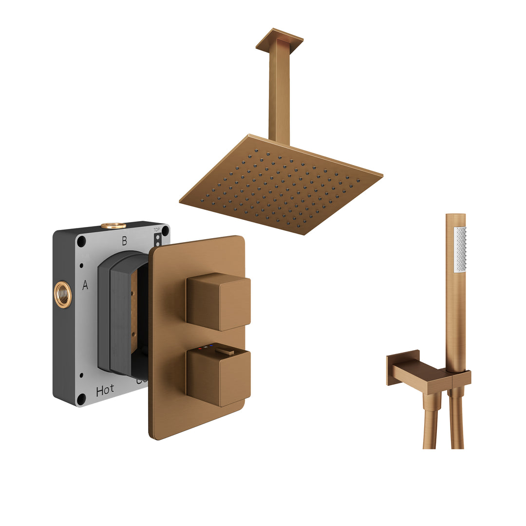 Abacus Shower Pack 4 Square Fixed Shower Head With Handset And Holder In Brushed Bronze