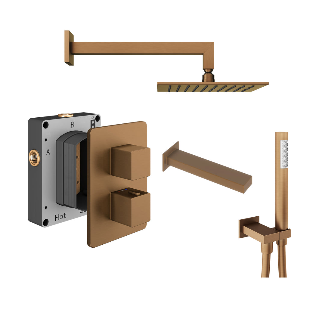Abacus Shower Pack 5 Square Fixed Shower Head With Handset, Holder And Bath Spout In Brushed Bronze