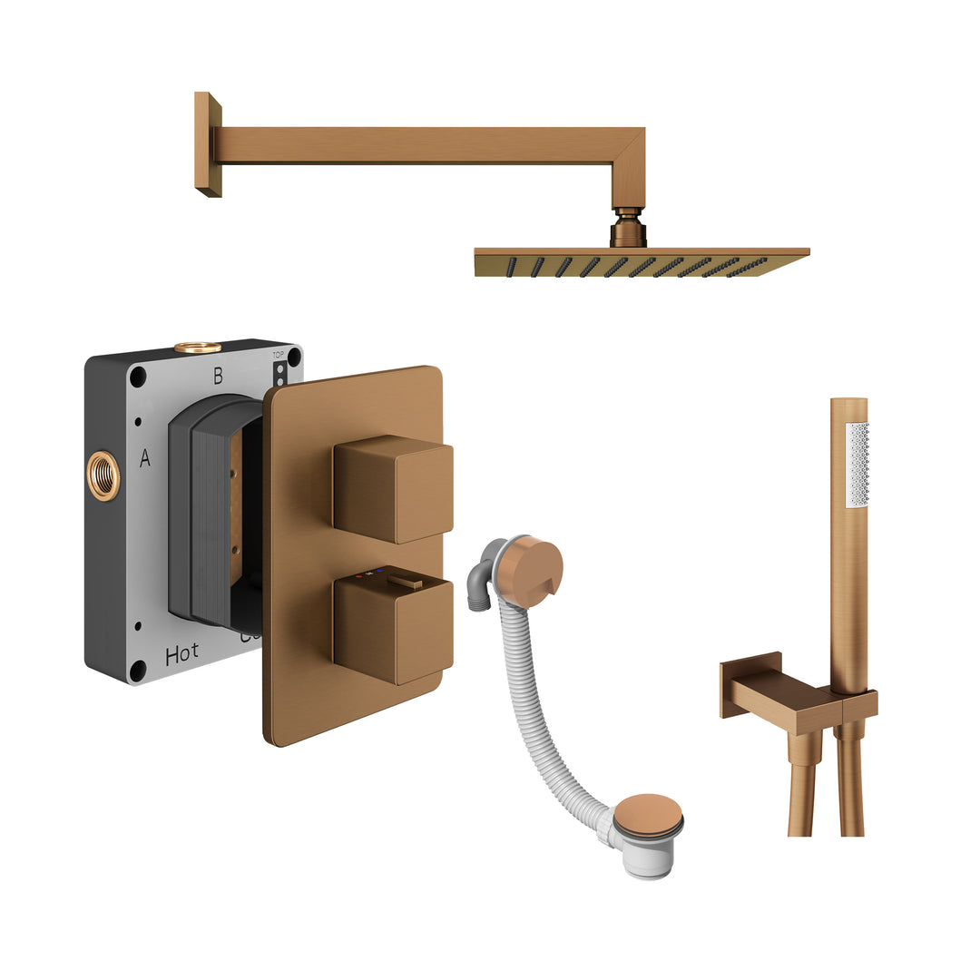 Abacus Shower Pack 6 Square Fixed Shower Head, Handset & Overflow Filler In Brushed Bronze