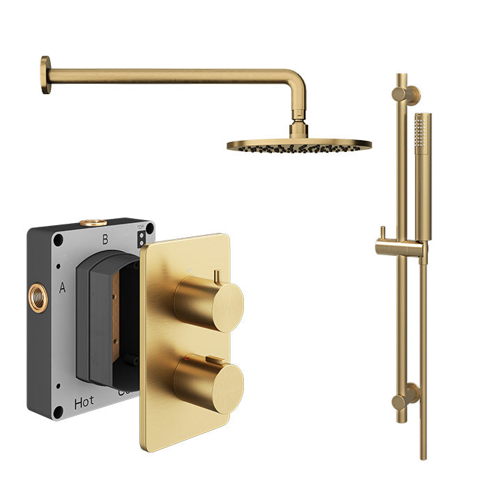 Abacus Shower Pack 2 Round Fixed Shower Head With Riser And Handset In Brushed Brass