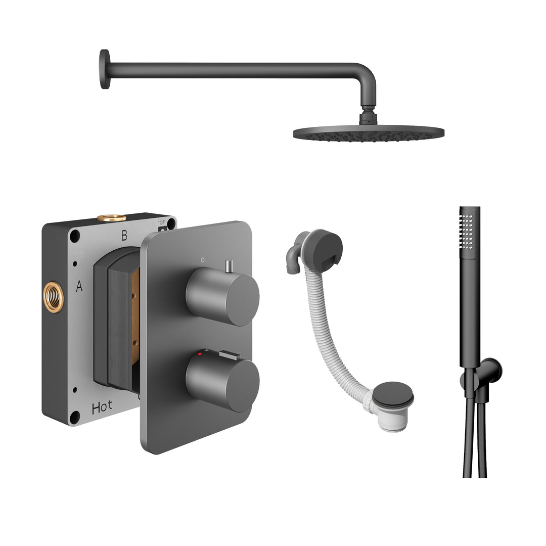 Abacus Shower Pack 6 Round Fixed Shower Head With Handset, Holder And Overflow Filler In Anthracite