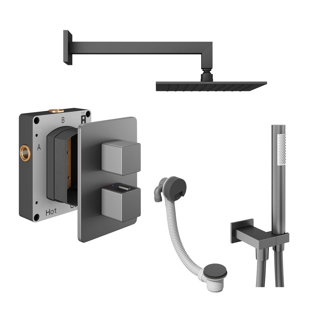 Abacus Shower Pack 6 Square Fixed Shower Head With Handset, Holder And Overflow Filler In Anthracite