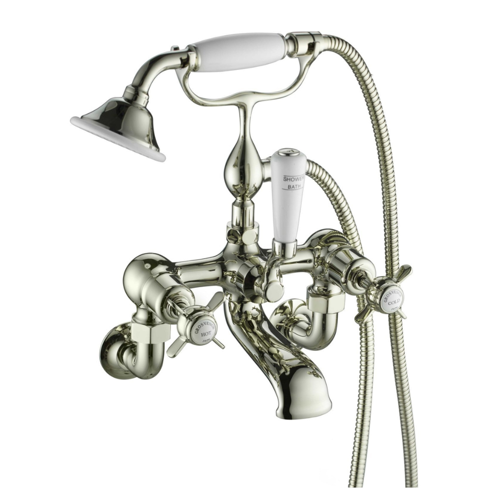 JTP Grosvenor Pinch Wall Mounted Bath Shower Mixer with Kit In Nickel