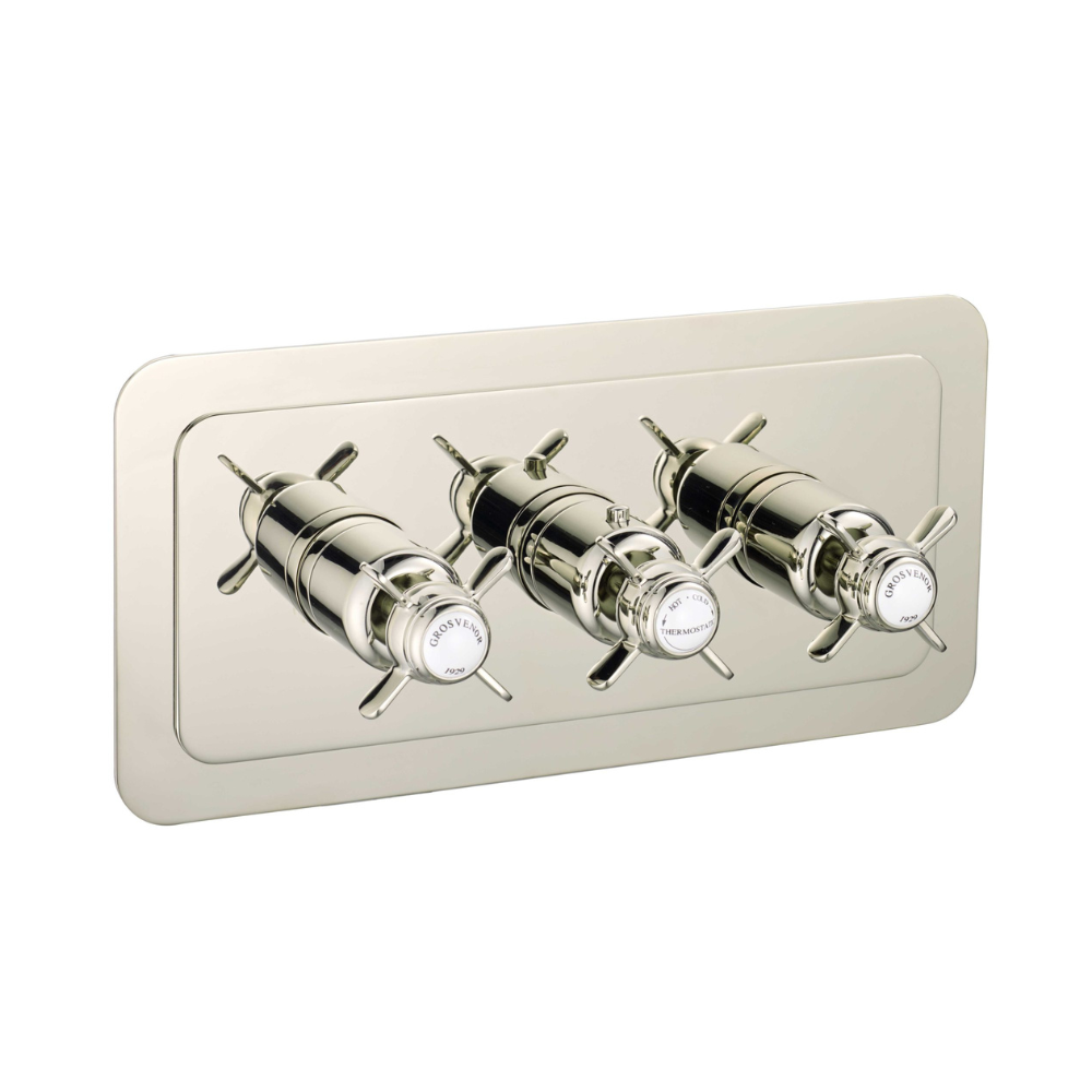 JTP Grosvenor Pinch Thermostatic 2 Outlet 3 Handle Landscape Shower Valve In Nickel
