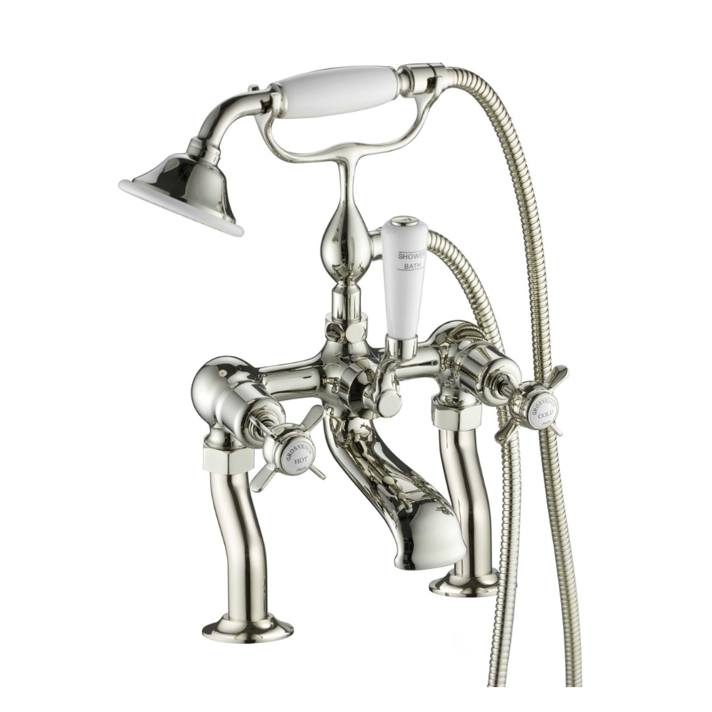 JTP Grosvenor Pinch Deck Mounted Bath Shower Mixer with Kit In Nickel