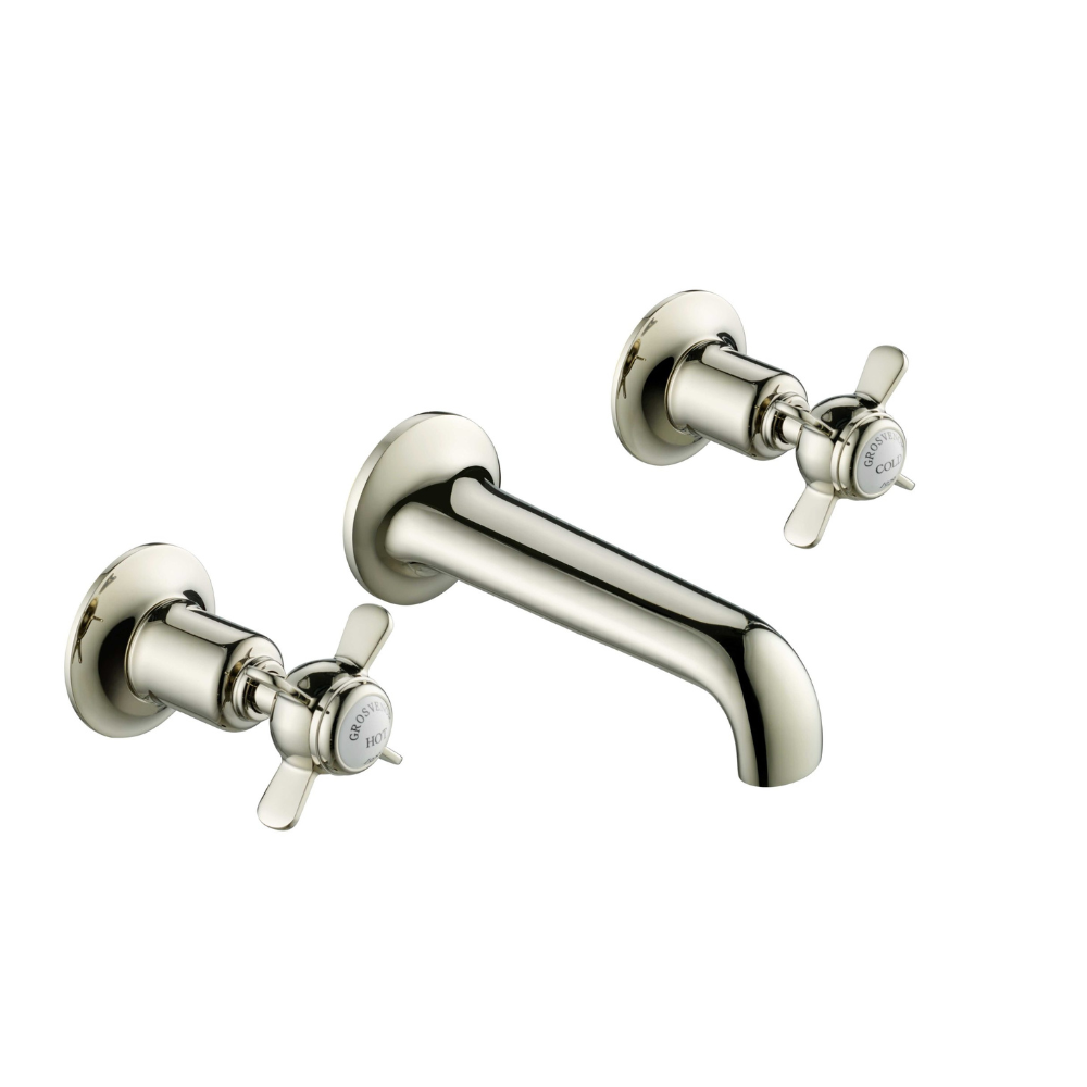 JTP Grosvenor Pinch Wall Mounted 3 Hole Basin Mixer In Nickel