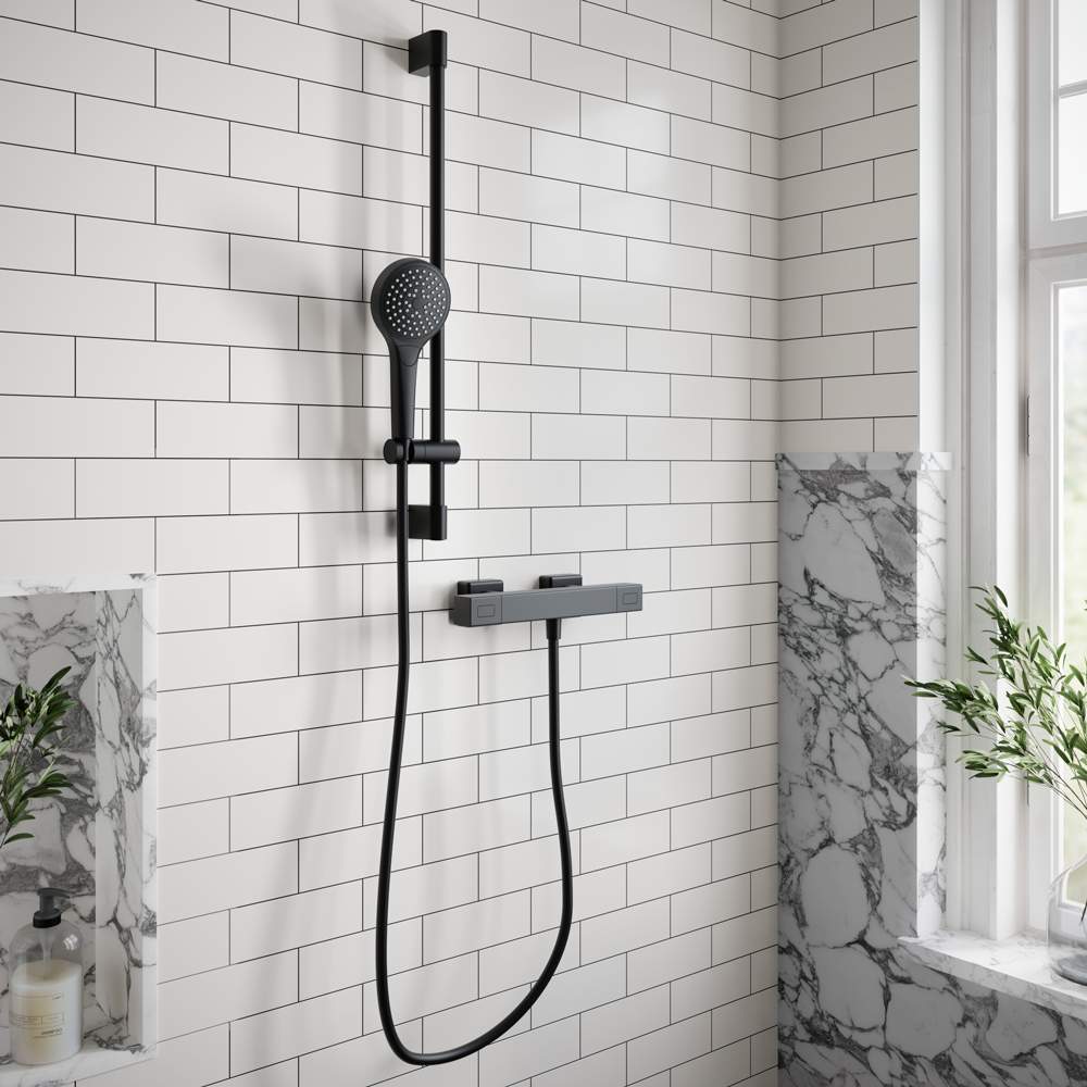 Villeroy & Boch Square Thermostatic Exposed Shower Set & Riser Rail Matt Black