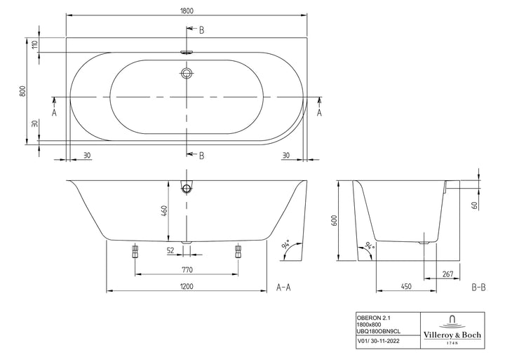 Villeroy & Boch Oberon 2.1 Back-To-Wall Oval Corner Bath 1800 x 800mm