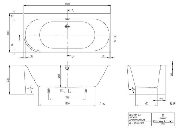 Villeroy & Boch Oberon 2.1 Back-To-Wall Oval Corner Bath 1800 x 800mm