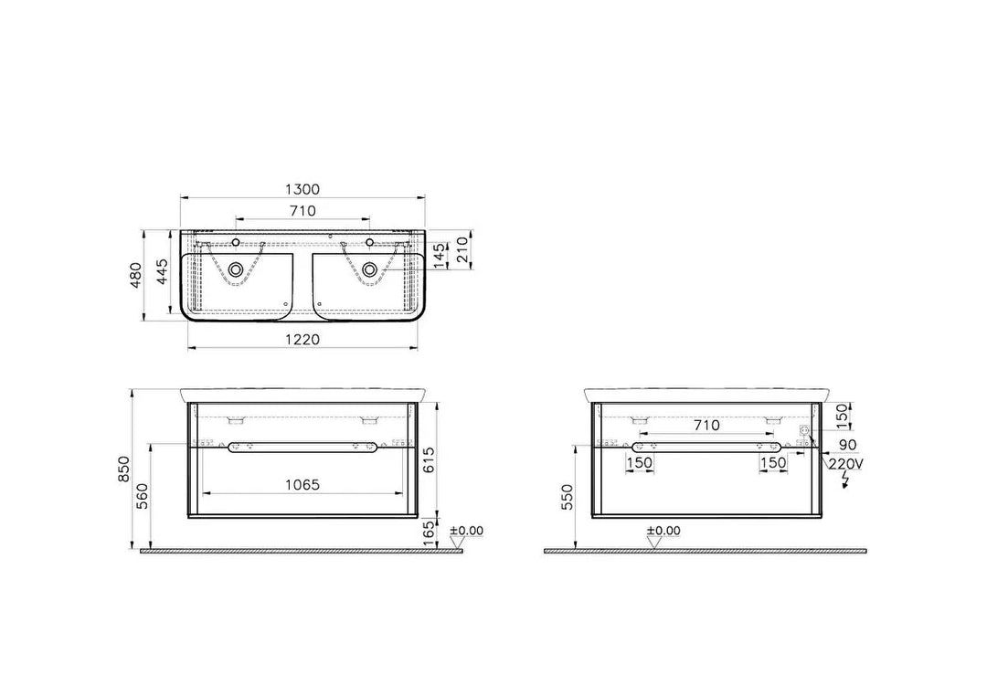 VitrA Sento 1300mm Double Vanity Unit with 2 Drawers & Washbasin